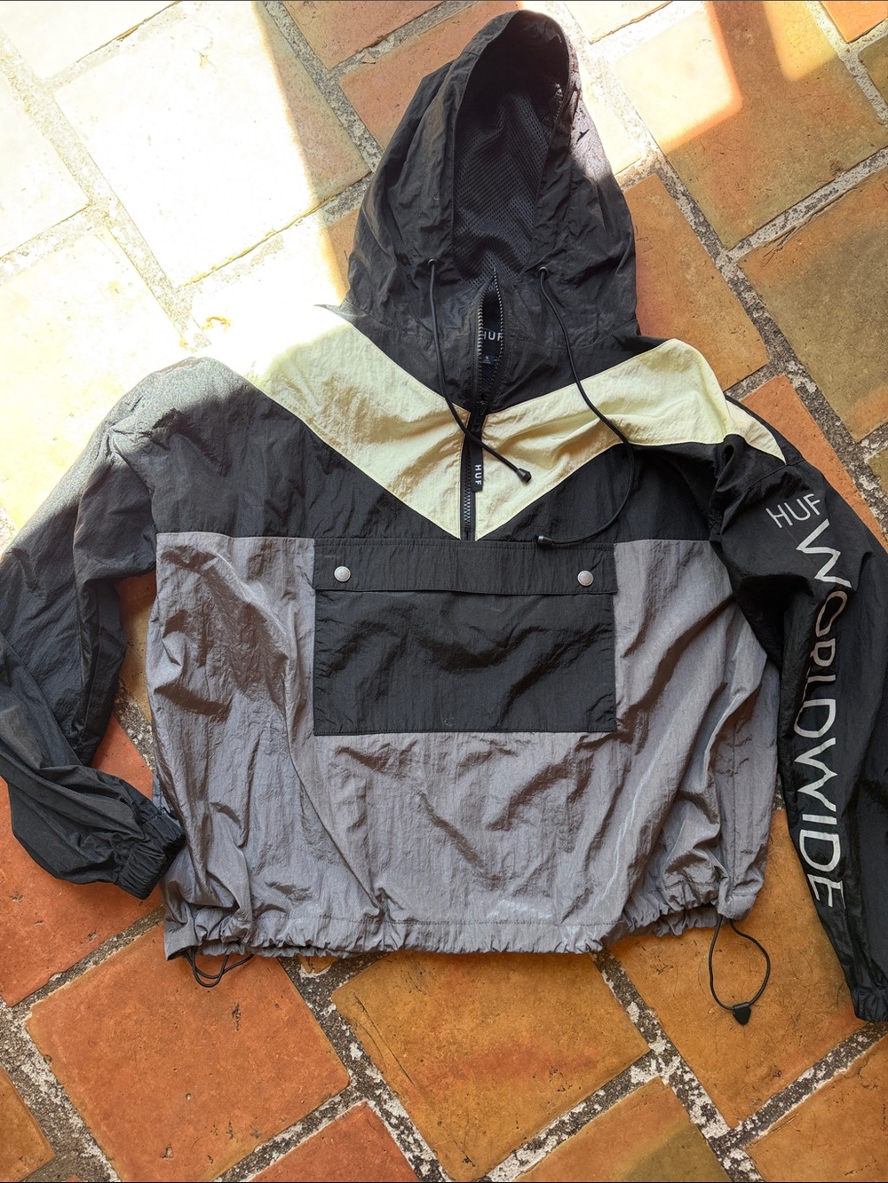 HUF Colorblock Anorak Hoodie in Black, Gray & Cream